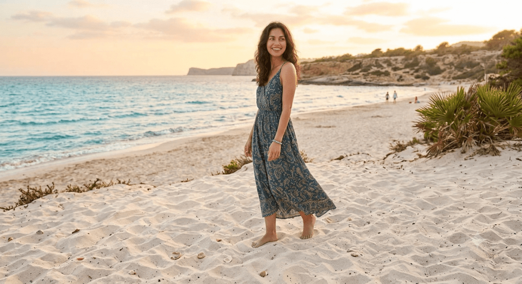 Mujer sonriente caminando descalza por la playa durante el verano, mostrando su tratamiento de ortodoncia invisible