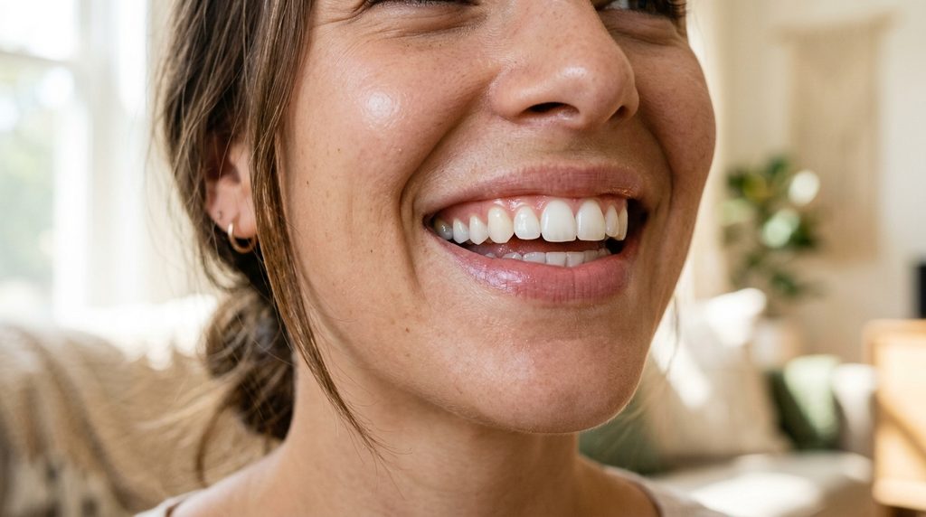 mujer sonriendo despues de limpiarse los dientes y ponerse colutorio